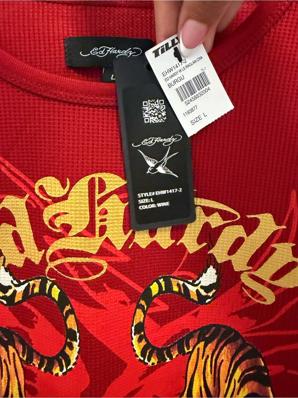 Women’s Ed Hardy Crawling Tiger Thermal Top Long Sleeve Tee - Wine - Size Large - Picture 10 of 12